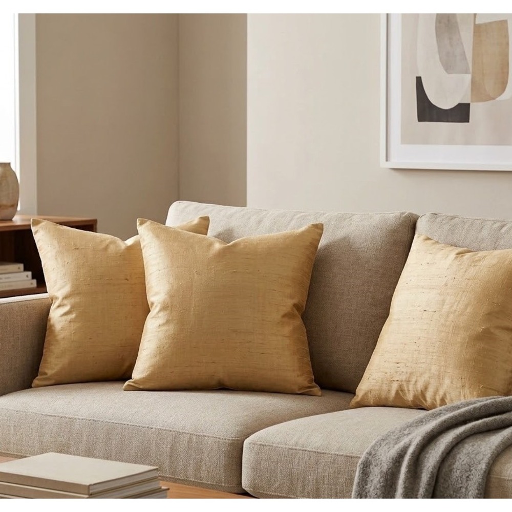Set of 3 Gold Dupioni Raw Silk Square Throw Pillow Covers Hidden Zipper 18x18